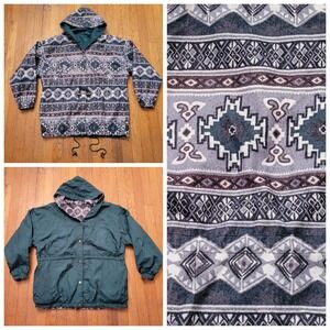 Casual Club S Reversible Hooded Jacket Green Grey Aztec‎ Fleece Windbreaker Boho